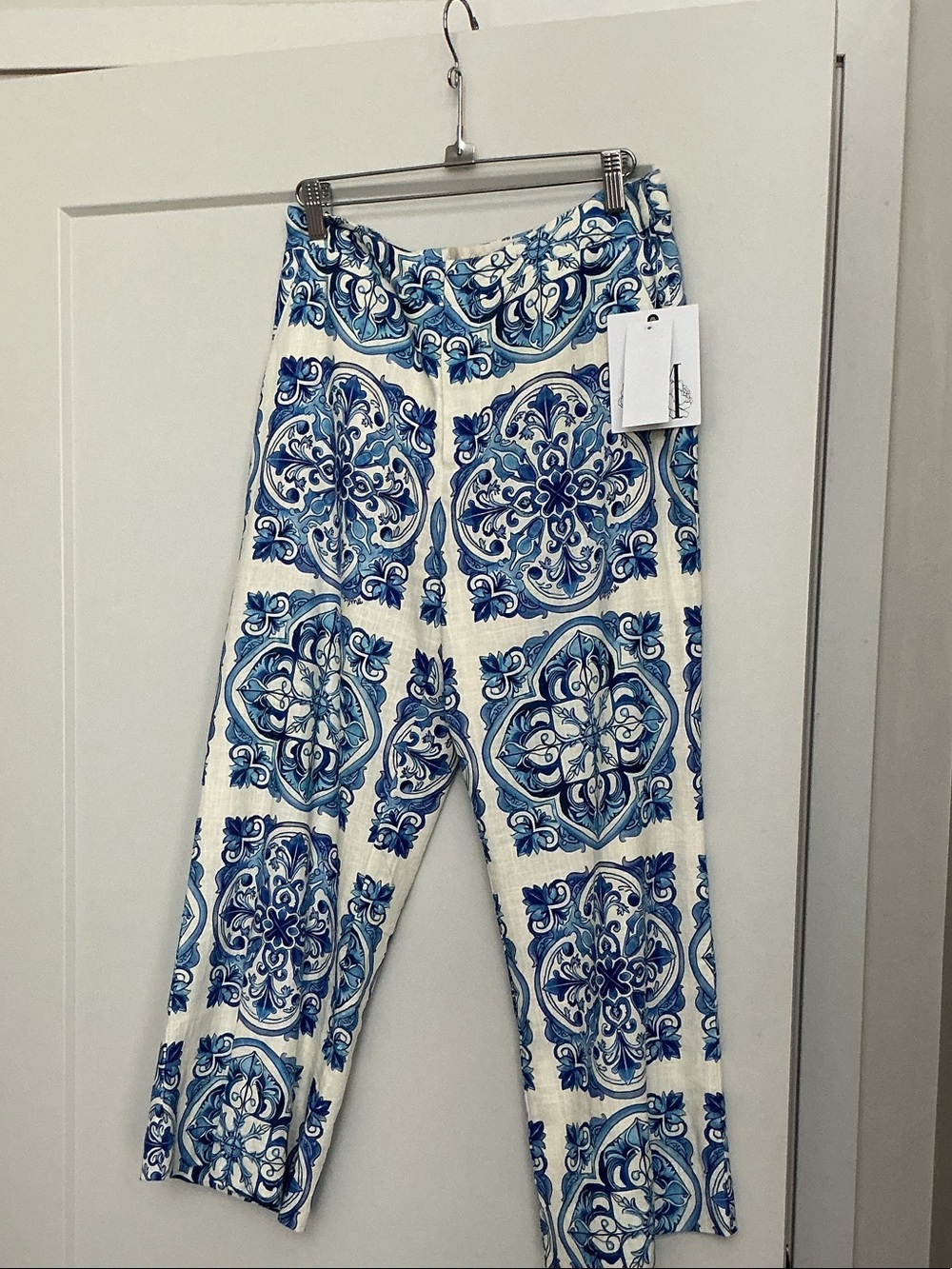 Blue Tile Print Cropped Pants - Unbranded